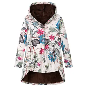Floral print hooded jacket featuring warm plush lining and stylish irregular hem design.