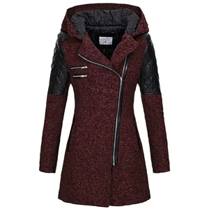 Women's wine red hooded woolen coat with asymmetrical zipper and leather sleeves