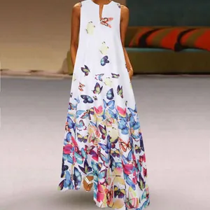 Detail of vibrant butterfly ink painting print on white sleeveless summer maxi dress