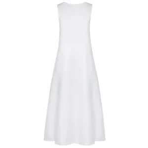 Back view of a white sleeveless summer maxi dress with a clean A-line silhouette