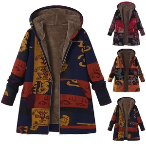Detailed view of women's vintage print hooded fleece jacket with warm plush lining