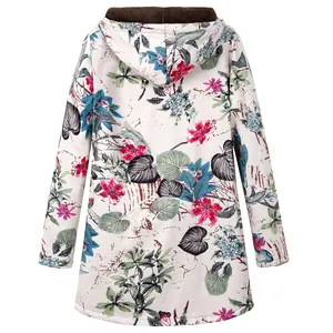 Back view detail of floral print hooded jacket showing full pattern and plush hood.