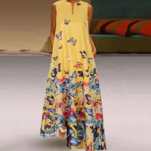 Elegant sleeveless V-neck maxi dress with vibrant butterfly print and functional side pockets
