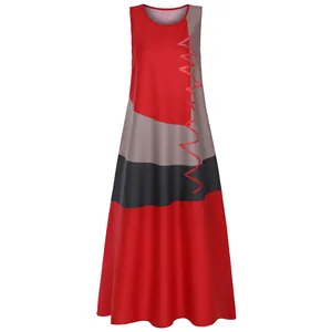 Retro color-block sleeveless maxi dress with red wavy line detail for women