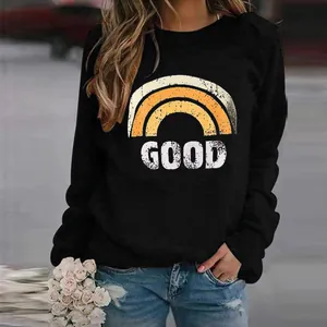 Casual black crewneck sweatshirt with retro rainbow graphic and "GOOD" text print.
