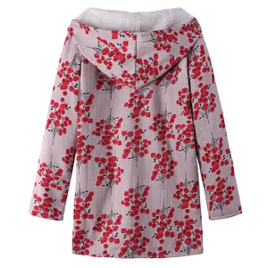 Detailed back view of women's floral print hooded mid-length thick warm cotton coat