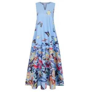 Detail of a light blue V-neck maxi dress with vibrant watercolor butterfly print