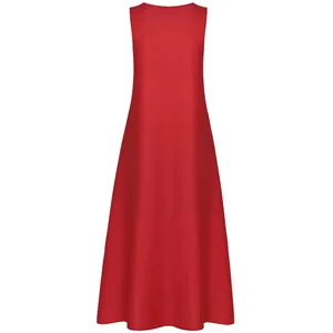 Elegant sleeveless solid red A-line maxi dress for women summer beach fashion wear