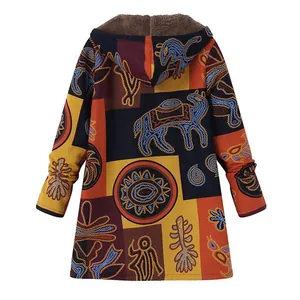 Back view of retro printed hooded plush coat with tribal patterns and patchwork.