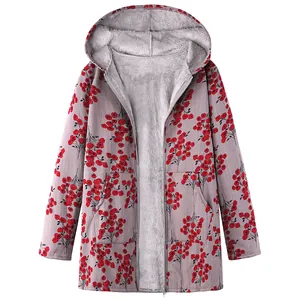 Women's long sleeve floral hooded jacket with thick fleece lining and front zip