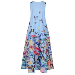 Back view of light blue A-line summer dress featuring vibrant butterfly ink print detail