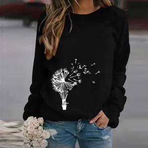 Women's casual black crew neck sweatshirt featuring a white dandelion graphic print detail