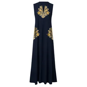 Robe longue sans manches bleu marine élégante avec imprimé floral doré vintage et décolleté en V