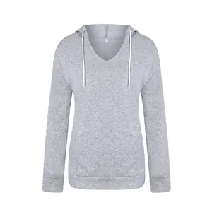 Felpa con cappuccio grigia tinta unita da donna con scollo a V e tasca a marsupio