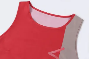 Detail shot of a sleeveless summer dress featuring a red and beige color block neckline.