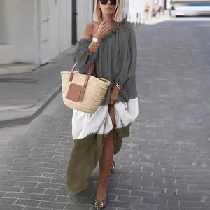 Robe longue élégante et ample à épaules dénudées avec un design rétro tricolore