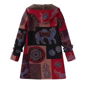Detailed back view of vintage patchwork hooded plush jacket with retro animal print