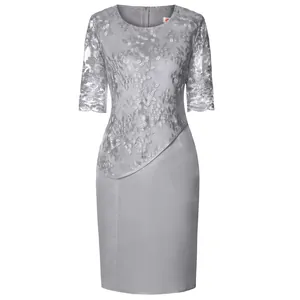 Elegant silver grey lace patchwork knee length dress with floral embroidery details