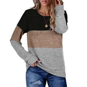 Women's casual color-block round neck long sleeve sweatshirt in black tan and grey tones