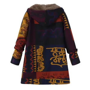 Vintage women's ethnic print hooded coat featuring colorful patchwork design and warm fleece lining