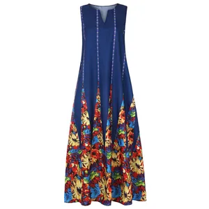 Vintage Maxikleid mit V-Ausschnitt und buntem Blumendruck-Einsatz
