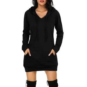 Women Casual Solid Color Mid-length Hoodie Dress Loose Long Sleeve Pullover With Pockets Fall Fashion Polyester Sweatshirt