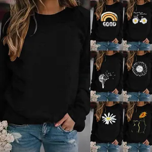 Women Casual Round Neck Sweatshirt Printed Long Sleeve Pullover Loose Top Vintage Floral Cat Dandelion Pattern Sweatshirt