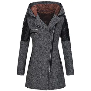 Detailed view of women's grey wool blend hooded coat with diagonal zipper and fur lining