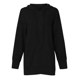 Classic black long-sleeve hooded sweatshirt dress with front pocket and drawstrings