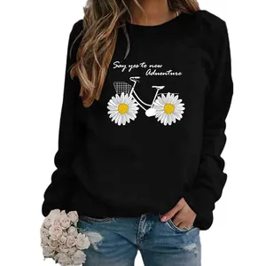 Women's casual crew neck black sweatshirt with daisy bicycle print and adventure quote