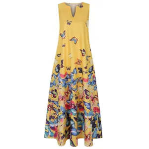 Elegant yellow V-neck sleeveless maxi dress featuring vibrant ink painting butterfly print