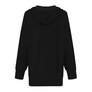 Back view of a black oversized long sleeve hooded sweatshirt dress with soft texture