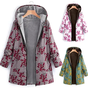 Women's floral hooded cotton coat with fleece lining available in three colors