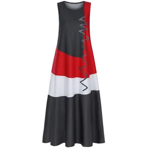 Detailed view of a sleeveless vintage print color-block sleeveless summer maxi dress.