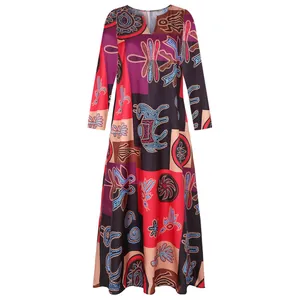 Robe longue vintage à imprimé ethnique color block avec col en V et manches longues
