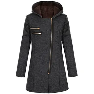 Women's mid-length hooded winter coat with asymmetrical zipper and warm fleece lining