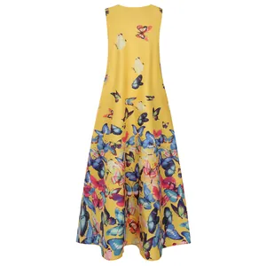 Detailed view of vibrant butterfly print on yellow sleeveless summer maxi dress