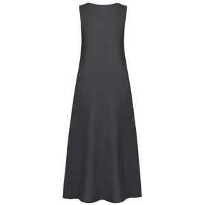 Back view of minimalist sleeveless black maxi dress with elegant A-line silhouette