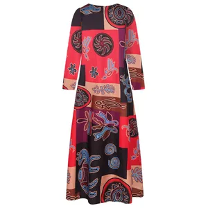 Robe longue vintage pour femmes avec imprimé ethnique, blocs de couleurs et manches longues