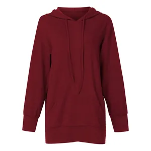 Detailed front view of a wine red long-sleeve hooded sweatshirt dress with pockets