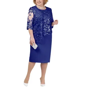 Elegant royal blue plus size lace patchwork fake two-piece midi dress with mid-sleeves
