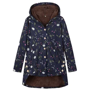 Women's navy blue floral hooded jacket featuring warm brown fleece lining and wooden buttons