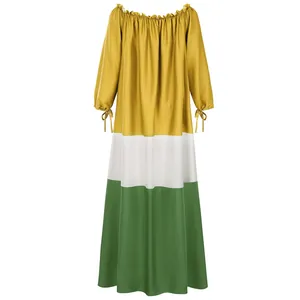 Robe longue ethnique vintage à manches longues avec design à épaules dénudées et bicolore