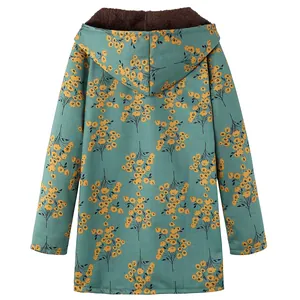 Detailed back view of women's teal long-sleeve hooded jacket with yellow floral pattern