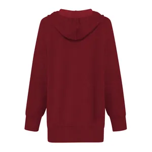 Back view of a loose-fitting burgundy hooded sweatshirt dress with long sleeves.