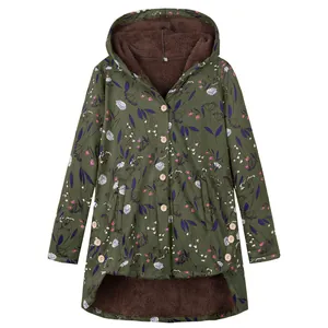 Detail view of the floral print and soft plush lining on this hooded women's jacket