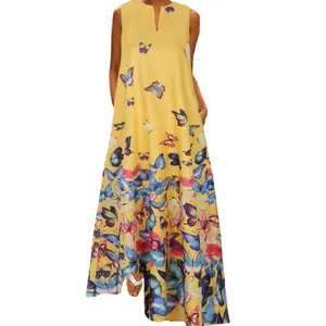 Elegant sleeveless summer maxi dress featuring a vibrant colorful butterfly print and V-neck