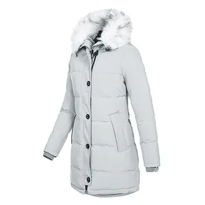 Parka invernale da donna grigio chiaro con cappuccio e bordo in finta pelliccia bianca