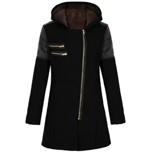 Detailed front view of women's black hooded woolen coat featuring asymmetric gold zippers.