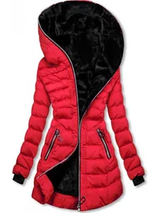 Women's red hooded winter puffer coat with warm black fleece lining and zip pockets